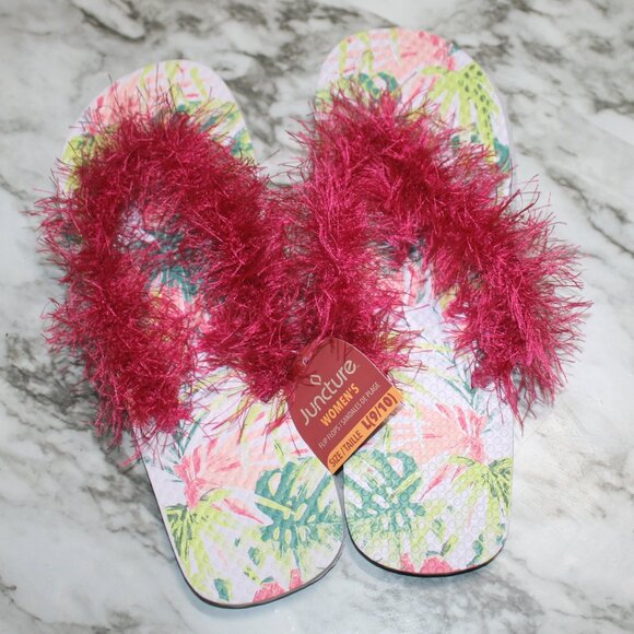 HAND CRAFTED Flip Flop Padded Thong Crochet Faux Fur Eyelash Yarn Hot Pink Shoes - Picture 1 of 12